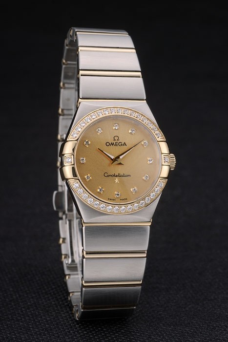 Swiss Lady Omega Constellation Kristall besetzte Lünette Goldene Dial 80293