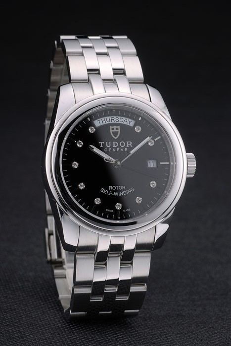 Schweizer Tudor Klassische Edelstahl-Armband Silber mit schwarzem Zifferblatt 80300